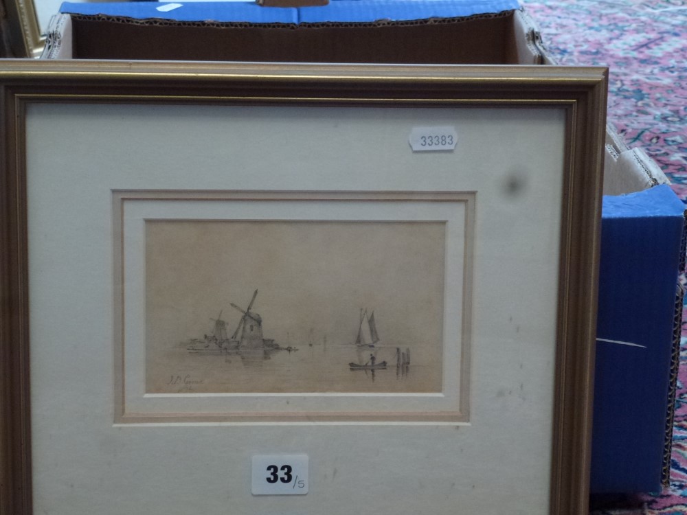 J.B. Crome, two pencil drawings of fenland landscapes with windmills, each signed and dated 1836,