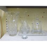 A Middlesex Masonic glass decanter and stopper, a tall cut glass vase, water jug, cut-glass tray,