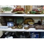 A mixed lot including a vintage wooden mould, a pair of wooden barleytwist candlesticks, a brass