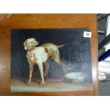 A Continental style oils on canvas of a gun dog by his Delft pottery water bowl (25 x 32 cm) WE DO