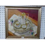 John R...., oils on canvas, still life of an Art Deco coffee service on a wicker tray, signed;