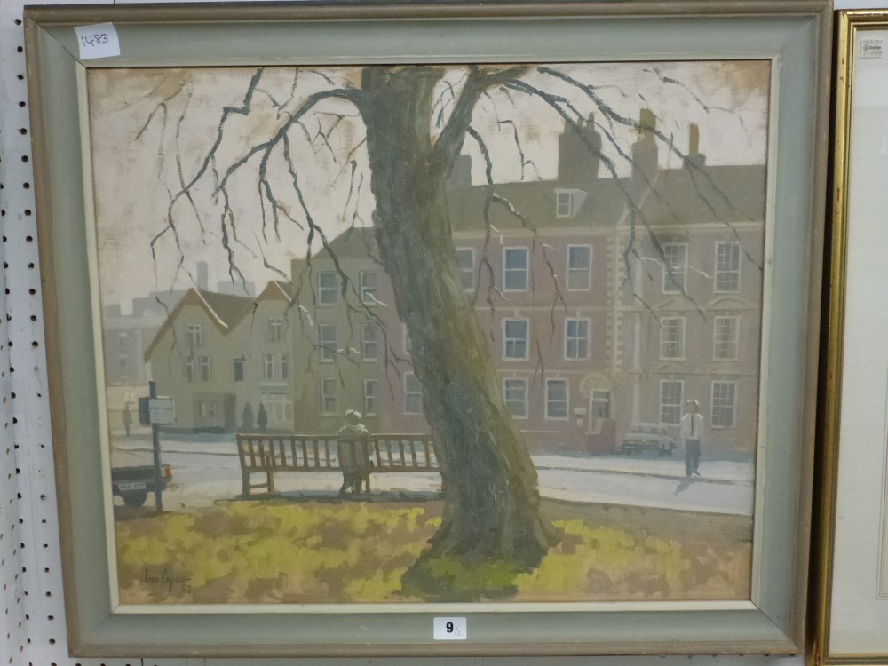 Ian Cryer, oils on canvas, a leafy city street with bench under a tree, signed (50 x 60 cm),