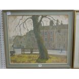 Ian Cryer, oils on canvas, a leafy city street with bench under a tree, signed (50 x 60 cm),