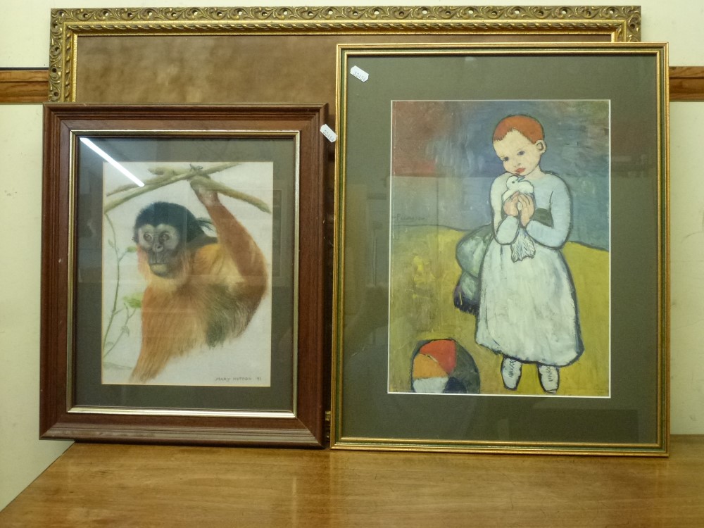 Mary Hutton, a pastel portrait of a gibbon, signed, a Picasso print, and a large oils on canvas of - Image 3 of 3