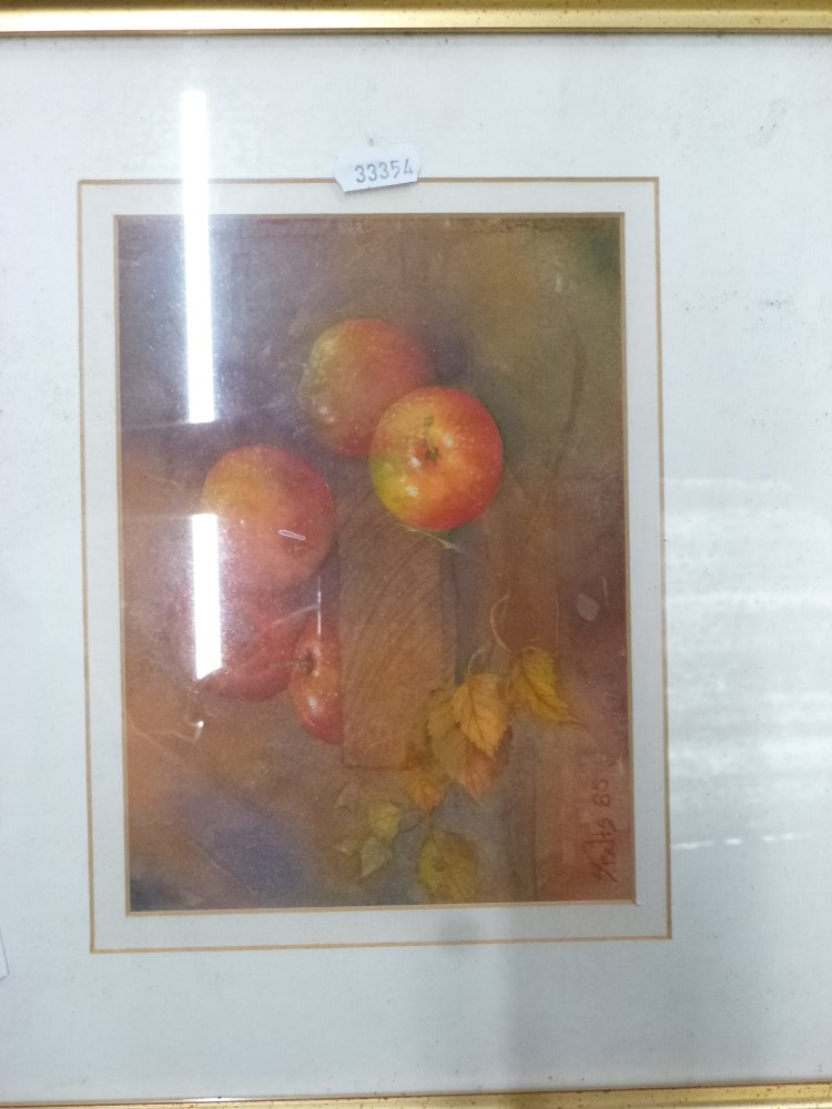 Five framed watercolours and prints, including a watercolour study of apples by S. Fetts, signed, - Image 3 of 3