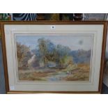 A 19th century English school watercolour of children, a stream and an old manor house, signed