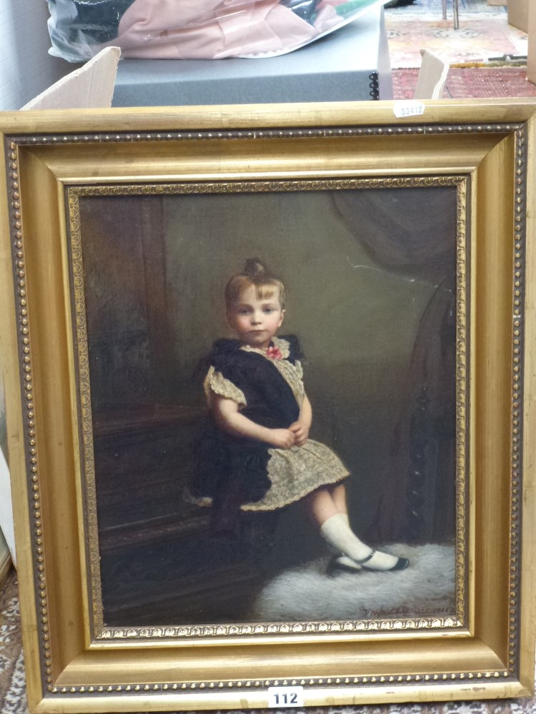 Vivian Crome, oils on canvas portrait of a seated child in a lace dress with a pink ribbon, signed