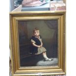 Vivian Crome, oils on canvas portrait of a seated child in a lace dress with a pink ribbon, signed