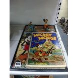 Vintage Mickey Mouse items, comprising: a composition Mickey on clockwork tinplate tricycle; die