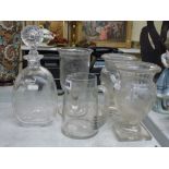 Glass, comprising: a good pair of Victorian urns on square bases, 18.5 cm; an engraved Victorian