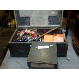 A vintage tool box and contents, including hammers, scissors, etc., and three boxes of cards [