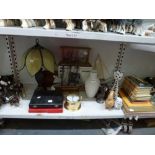 A mixed lot, including three wooden model ships, Tiffany style table lamp, five cat ornaments, brass