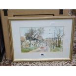 Five framed watercolours and prints, including a watercolour study of apples by S. Fetts, signed,