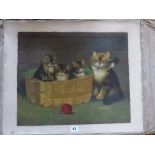 Three 19th century-style oils on canvas, portraits of cats and kittens, comprising white cats, a