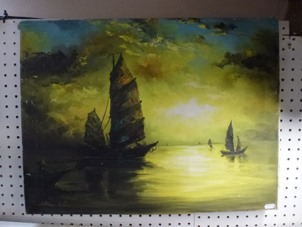 Three late 20th century modern school oils on canvas and board of sailing and fishing boats, all - Image 2 of 3