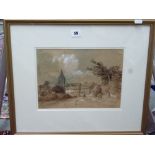 Seven framed watercolours and drawings, landscapes and village scenes, most late 19th century,