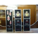 Whisky: Bell's De Luxe 12 years old Scotch Whisky, 1 litre (x3), with boxes (levels and conditions