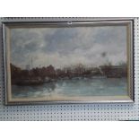 Roy Perry, oils on board, boats moored on the Thames near London, signed (54 x 90 cm), framed WE