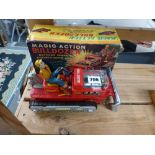 A 1960s Japanese tinplate Magic Action Bulldozer, with original box [upstairs shelves top of stairs]