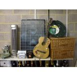 A mixed lot including a Tower Fan, vintage classical guitar, dog crate, two wicker hampers, a pop-up