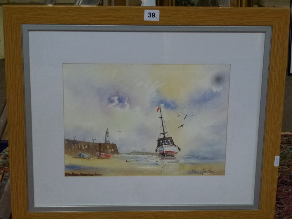 Ken Coulson, two watercolours, of a beached boat at low tide(26 x 35.5 cm) and of trees in winter,