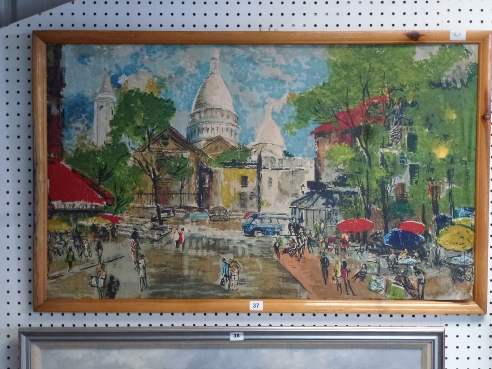 20th century Continental school, mixed method and oils on canvas, a view of a lively street in