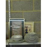 Three decorative prints in the medieval style plus a Royal Doulton Provencal pattern part dinner
