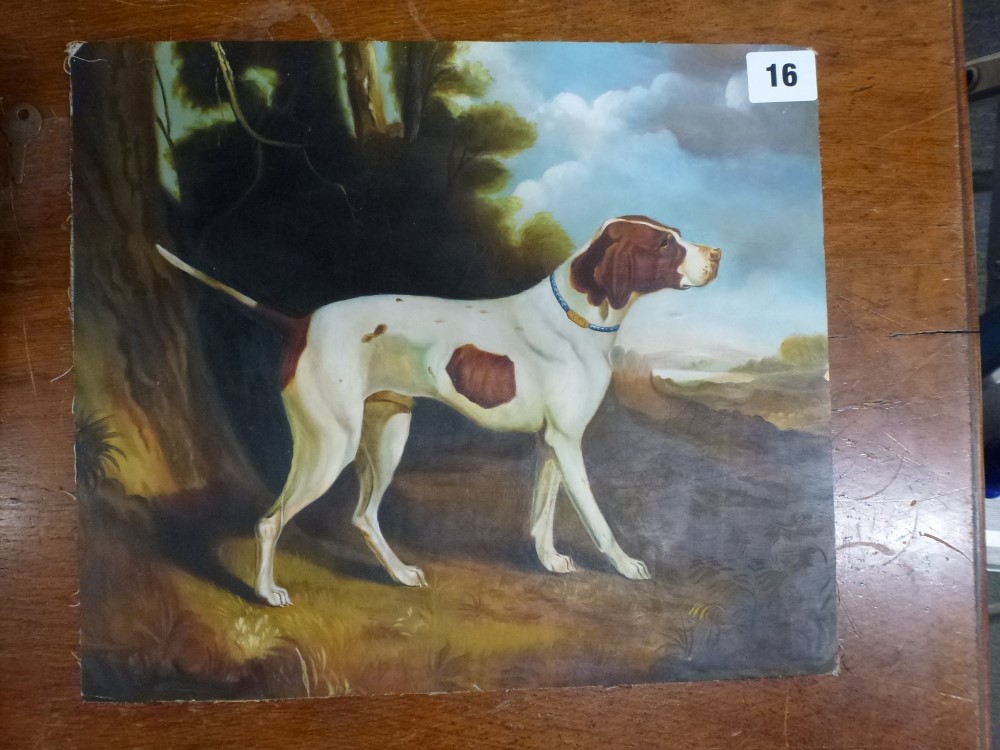 A 19th century English provincial school style oils on canvas of a gun dog in a landscape (27 x 32