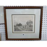 A late 20th century limited edition etching and aquatint, sheep in a pasture by a farm track,