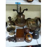 A group of interesting bygones, comprising: a wood and metal duck press, bronze mortar, keys,