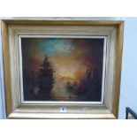 Graham Hodges, oils on canvas, sailing ships at sunset, signed (29 x 36 cm), framed, and two