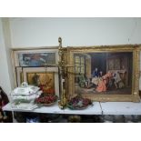Five decorative prints, two in elaborate gilt frames, a set of brass reproduction scales and a large