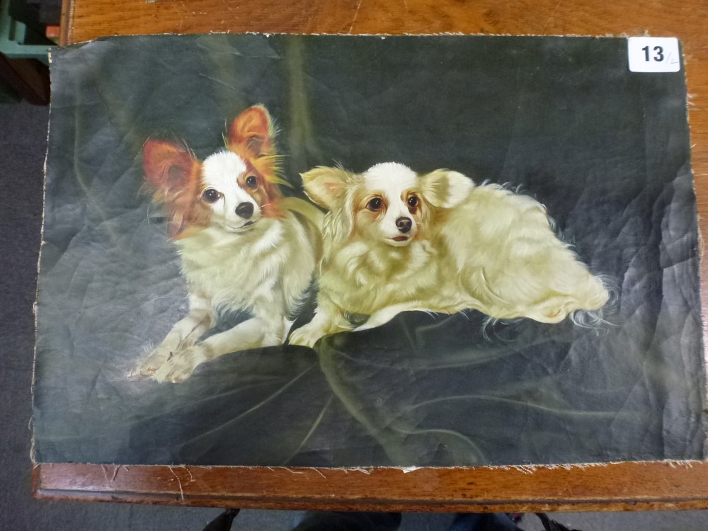 Two 19th century-style provincial school oils on canvas, of a pair of Papillon dogs and of a spaniel