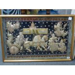 A South East Asian sequin and beadwork picture of Hindu deities flying around a chariot, framed,