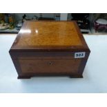 A cigar humidor in probably burr birch banded in fiddle-back mahogany, 25 cm wide [B] WE DO NOT