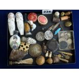 Interesting sundry small items, almost all antique, including miniature penknives, bottles, and