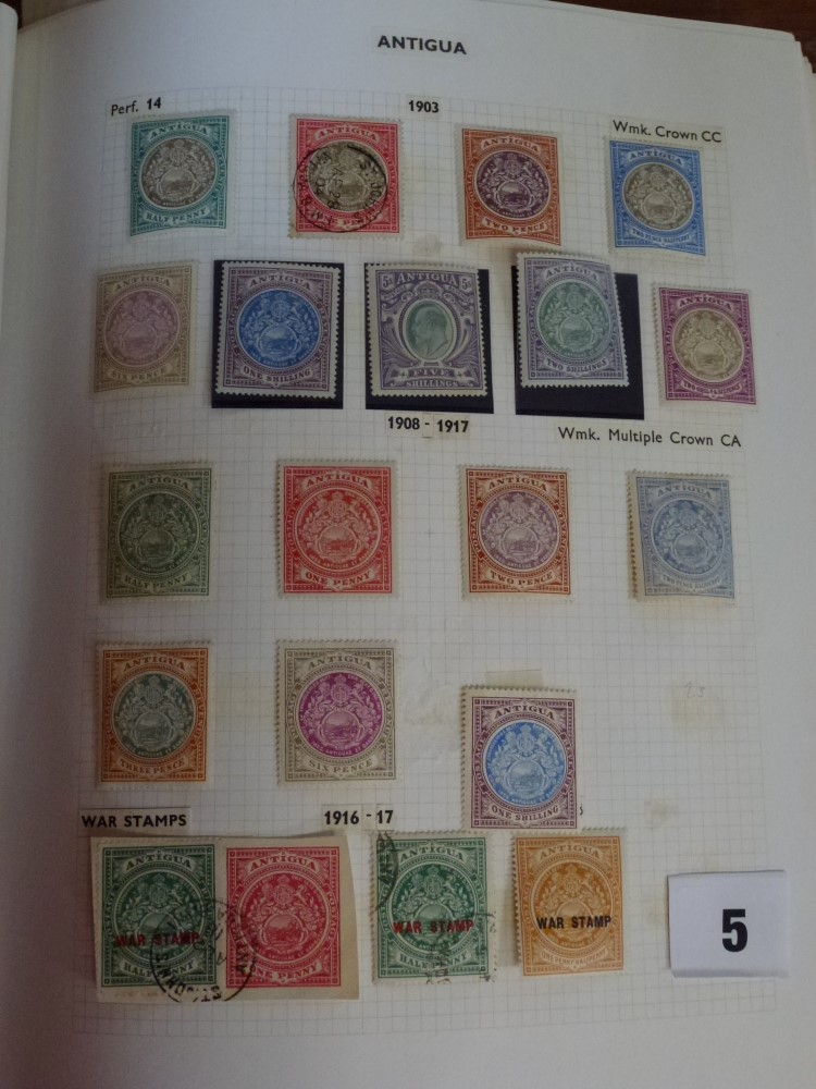 Antigua: 1872 issues to 1/-, 1903 to 5/-, 1921-9 to £1, 1932 issues to 5/-, G VI to £1; Barbuda: