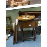 A small barley-twist occasional table, a wooden book rack and two wooden shelves, and a 19th century