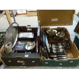 Two cartons of EPNS and other plated wares, including a large serving dish, cased sets of cutlery,