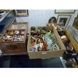 A large quantity of costume jewellery in two cartons and a marquetry box, including amber and