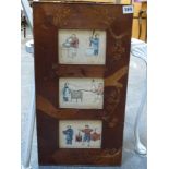 Three Chinese antique rice paper pictures in a marquetry frame, a set of three paintings of