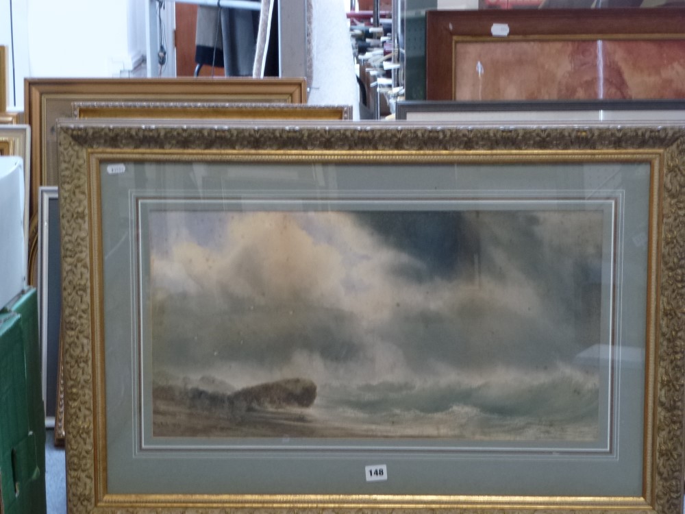 G.L. Hall, watercolour, a squall onshore, signed and dated 1879 (33 x 65 cm), gilt frame with