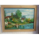 Ard, oils on canvas, 'La lessive', women washing laundry at the riverside (49 x 69 cm), framed,