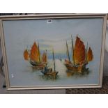 A collection of 10 framed items including four Far Eastern oils on board of junks and a street