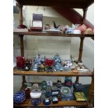 Three shelves of mixed china and glass including decorative eggs, trinket boxes and covers, posy