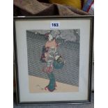 A collection of 11 various coloured Japanese prints depicting geishas, musicians, etc., in all