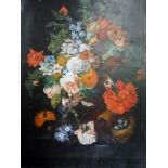 A Flemish school-style oils on canvas still life of a profusion of summer flowers with a tiger