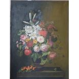 Oils on canvas, Dutch school, a large still life of a vase of roses and lilies on a stone ledge with