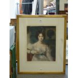 G. Jowett, a coloured mezzotint of an 18th century woman in a satin dress with a blue sash, signed
