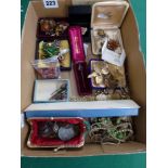A carton of sundry costume jewellery, mainly vintage, including: a silver and amethyst brooch by